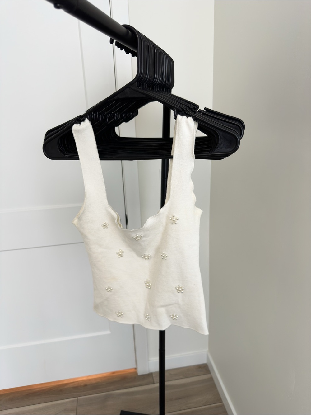 Zara White Pearl-Embellished Tank Top